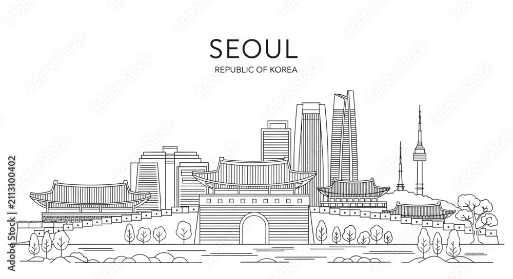 Naklejka premium Seoul Skyline Illustration: Modern Cityscape and Historic Landmarks, South Korea