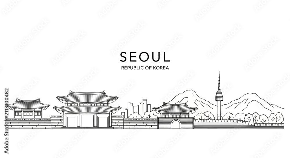 Obraz premium Seoul skyline illustration with traditional palaces and Namsan Tower, Korea