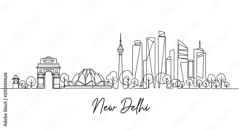Fototapeta premium New Delhi Skyline Drawing Line Art - India Landmarks & Modern Architecture
