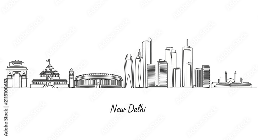 Fototapeta premium New Delhi Skyline: Iconic Landmark Hand-Drawn Silhouette on White Background