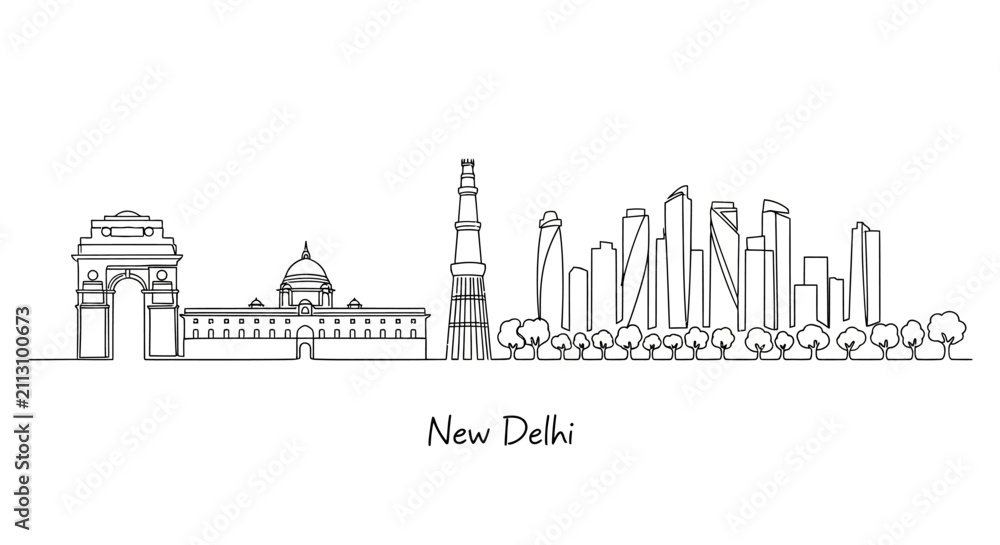 Obraz premium New Delhi Skyline: India Gate, Parliament, Modern Buildings, Trees, White Background