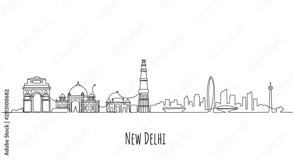 Obraz premium New Delhi Skyline: India Gate, Qutub Minar, Modern Buildings - Vector Line Art