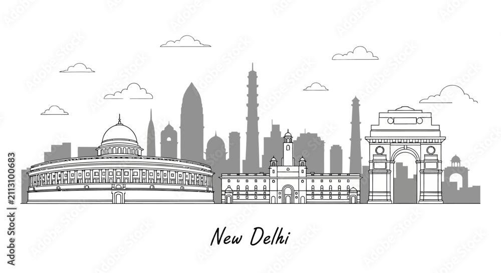 Obraz premium New Delhi Skyline Landmark Silhouette - India Architecture Vector