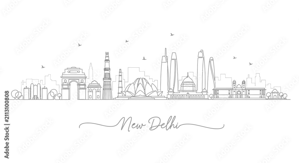 Fototapeta premium New Delhi Skyline Outline - India's Iconic Landmarks Collection