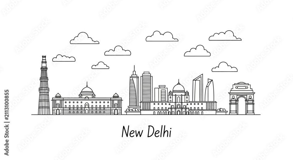 Obraz premium New Delhi Skyline Outline: Iconic Landmarks and Modern Architecture - Vector Art