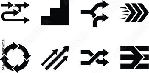 Set of black business pathway and process flow icons representing strategic planning and data direction