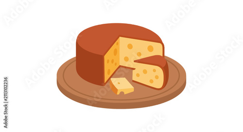 Foto Brown rind cheese wheel with wedge on circular wooden board