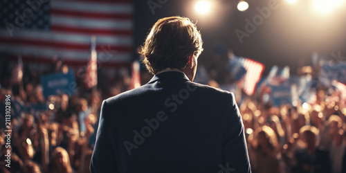 Rear view of a sitting president greeting a cheering audience under spotlights. Concept of political stability, popular approval, and national leadership.