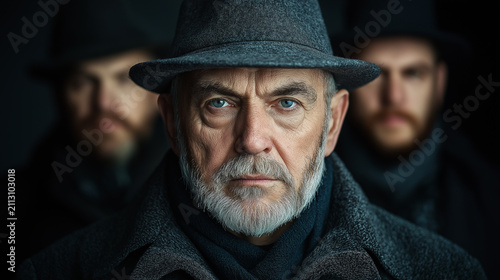 Serious senior man with grey beard wearing classic fedora hat and winter coat with two blurred men behind him, dramatic cinematic group portrait of gentlemen or gangsters looking at camera on dark bac