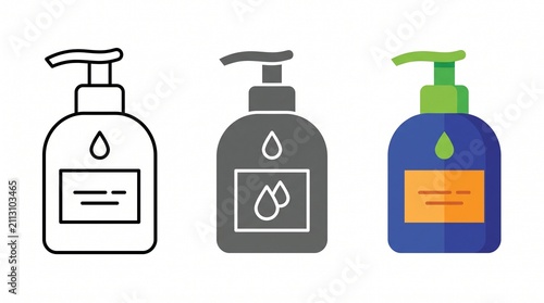 Hand soap dispenser icon set in various styles with dispenser, sanitizer
