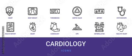 Bild auf Leinwand Set of 12 outline web Cardiology icons such as healthy heart, defibrillator, cpr