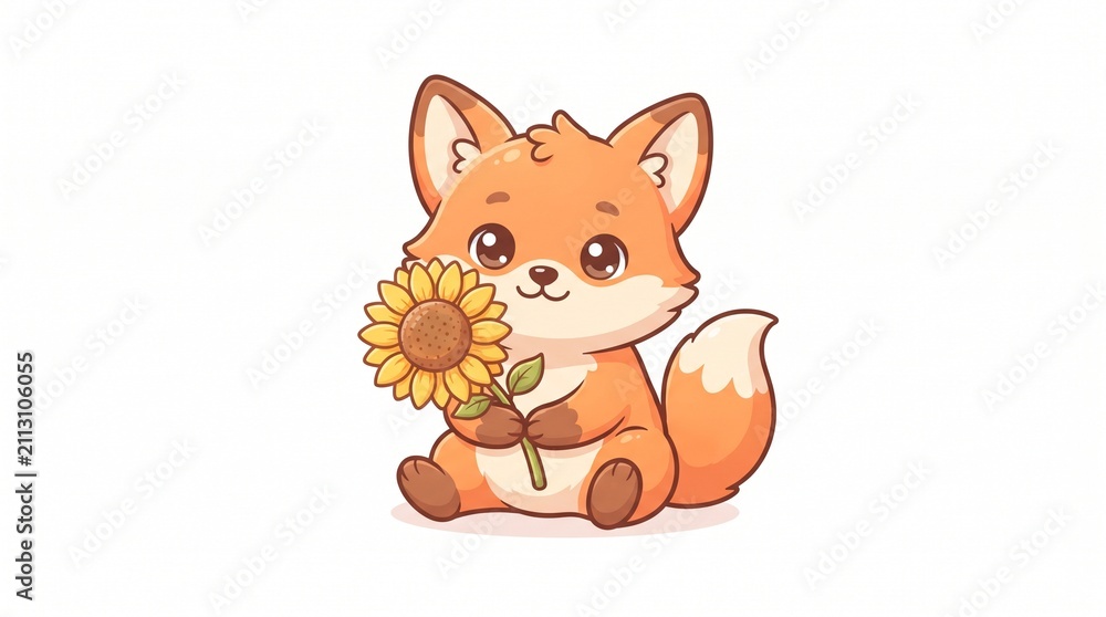 Fototapeta premium Cute Baby Fox Holding Sunflower Cartoon Illustration Isolated on White Background