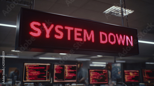 A suspended digital board showing a system failure warning over blurred workstations and screens. Concept of business interruption and technical downtime.