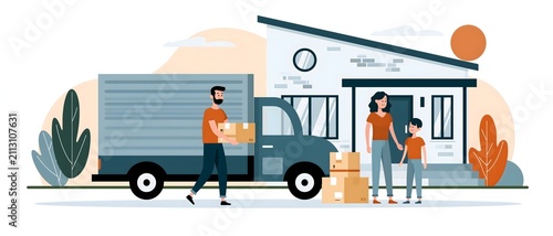 flat vector illustration of home relocation, family moving day, cardboard boxes, modern house and home ownership, premium commercial illustration