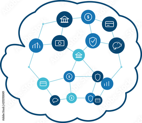 Financial network diagram with icons inside cloud shape