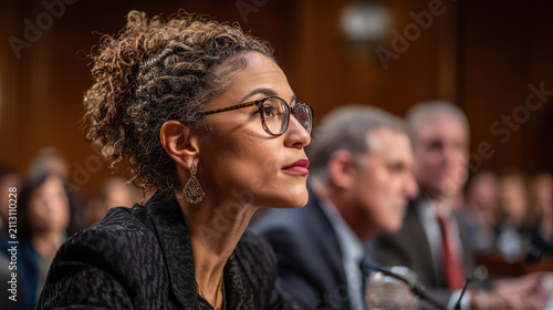 An eloquent woman with glasses participates in a formal debate or hearing session. Concept of human rights, political activism, social justice, and professional advocacy.