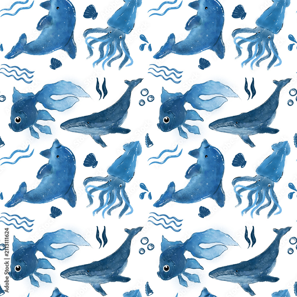 Fototapeta premium Seamless fish pattern with blue color on white background, perfect for fabric, wallpaper, wrapping paper, and digital design projects