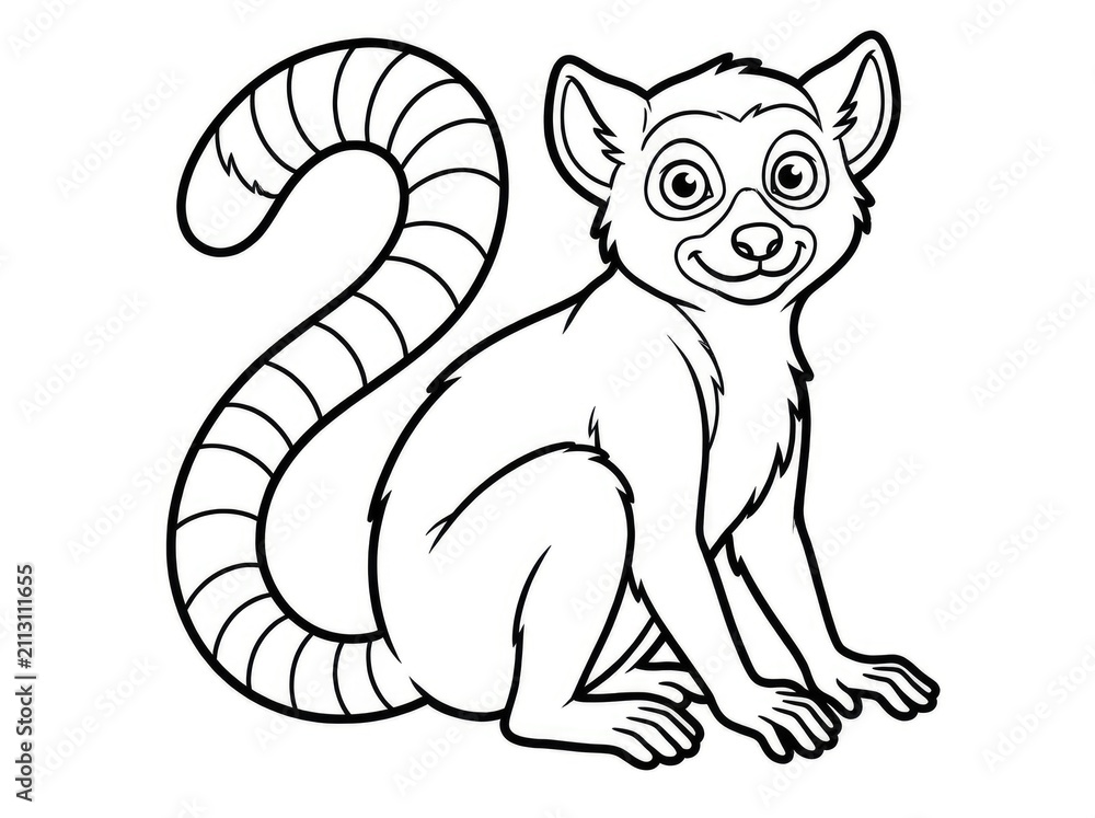 Fototapeta premium A cute lemur sits and looks at the viewer. The lemur has a long, striped tail.