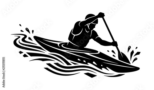Bild auf Leinwand Dynamic Kayaker Silhouette in Recreational Kayak with Flowing Water Vector Isola