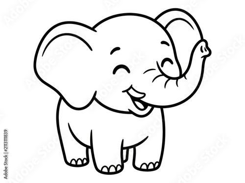 A cute, cartoon elephant is smiling and laughing. The elephant is standing on its feet with its trunk raised.