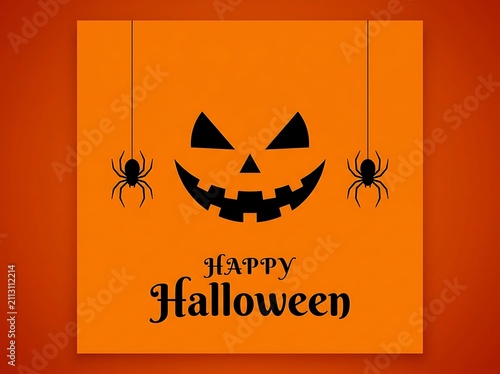A festive orange background featuring a spooky jack o lantern face and black spiders wishing you a happy halloween