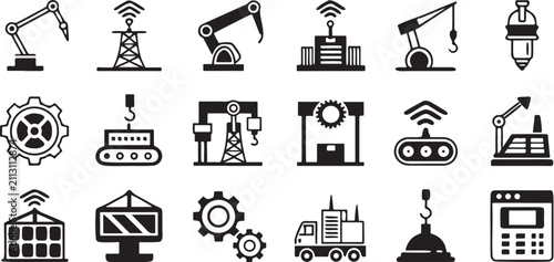 Construction equipment icons representing building and industrial work activities.