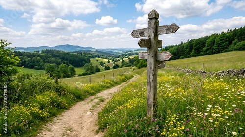 Wooden signpost on a scenic hiking trail through rolling green hills and meadows.
