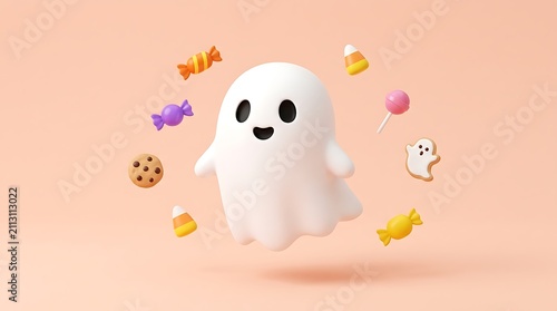 A cute 3d ghost character surrounded by sweet treats and candies wishing everyone a very happy halloween celebration