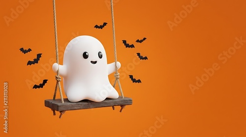 A cute little ghost sitting on a wooden swing surrounded by flying bats for a happy halloween holiday celebration
