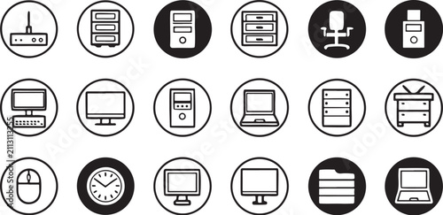 Computer office equipment icons, representing technology and workspace tools for productivity.
