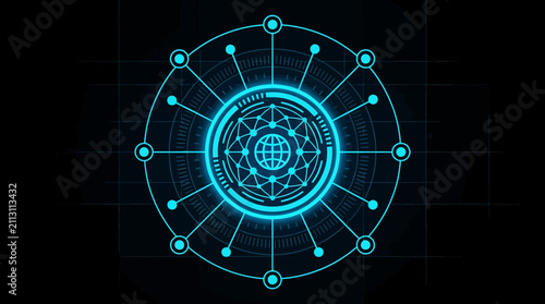 A glowing blue digital globe surrounded by complex circular data network patterns