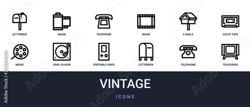 Fotografie Set of 12 outline web Vintage icons such as television, telephone, letterbox, po