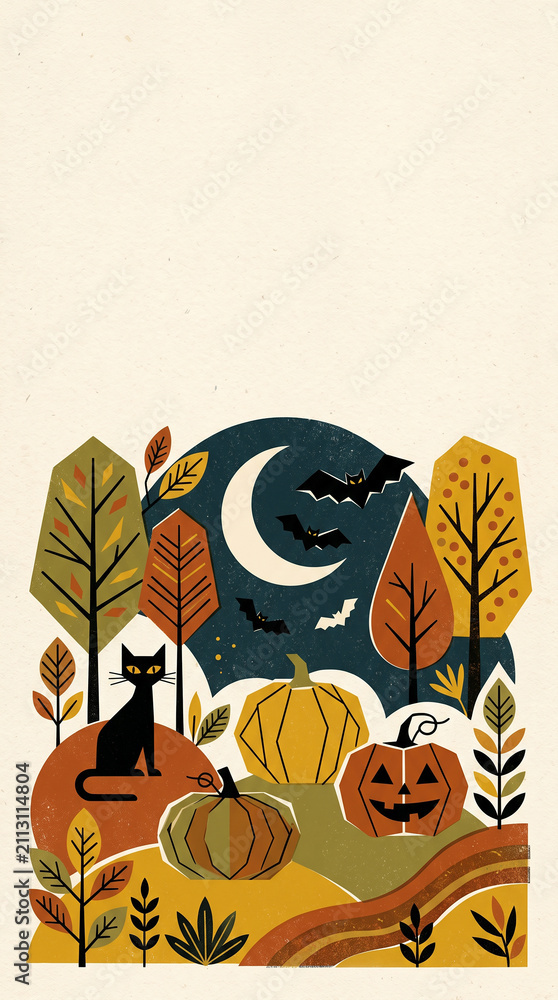 Obraz premium Halloween illustration in mid-century modern style, geometric pumpkins, crescent moon, black cat, bats and stylized autumn trees 