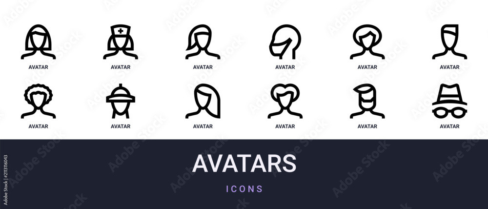 Fototapeta premium Set of 12 outline web Avatars icons such as avatar, avatar, avatar, vector icons for report, presentation, diagram, web design, mobile app