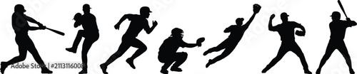 Fotografie Baseball Player Silhouettes Vector Collection Featuring Pitcher Batter Catcher a