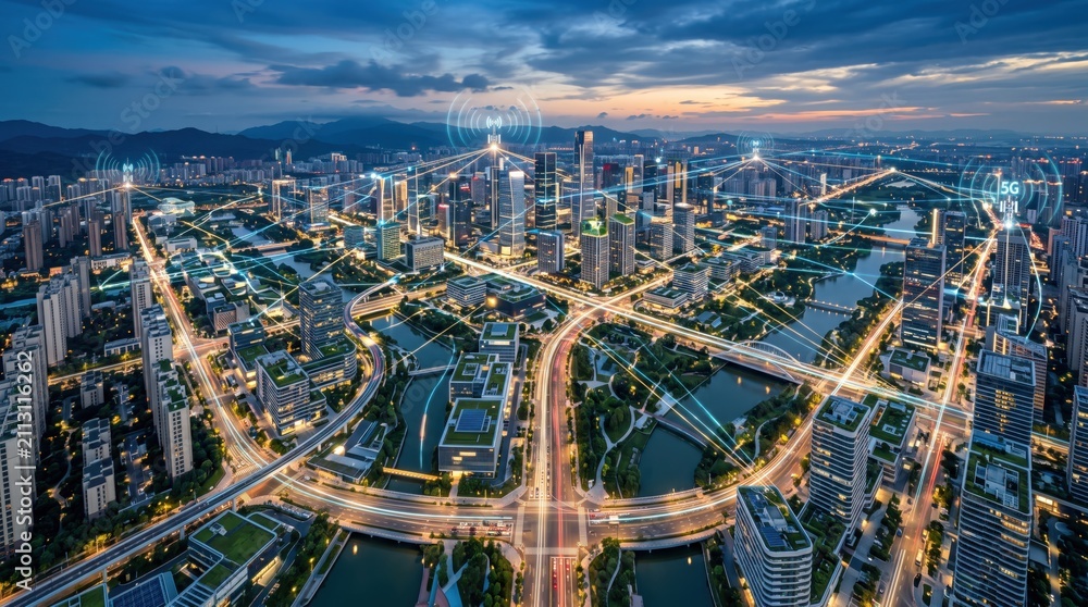Fototapeta premium Aerial view of smart city with 5G network connections, IoT infrastructure, data flow, and futuristic urban technology landscape at twilight