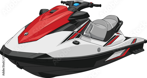Photography Detailed of a red and white personal watercraft on a white background, view vehi