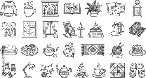Cozy home comfort doodle icons set featuring winter lifestyle elements like sweaters fireplace books and warm drinks vector illustration