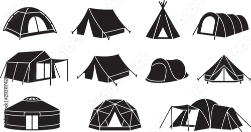 Set of various camping tent silhouettes featuring diverse outdoor shelter designs for hiking travel and wilderness adventure vector illustration