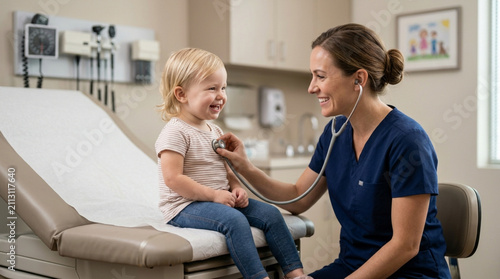 Pediatrician examining happy toddler with stethoscope in clinic examination room