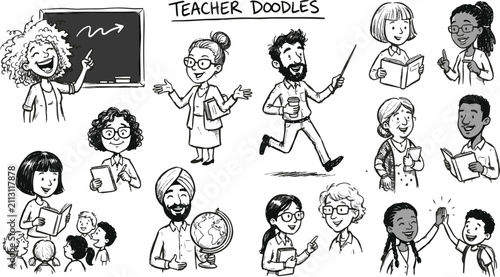 Set of hand drawn teacher doodles featuring diverse educators in various classroom activities and teaching scenarios
