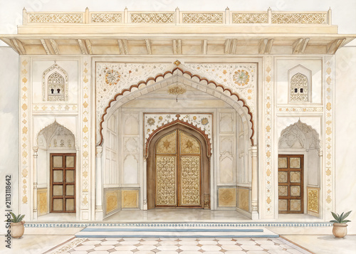 flat lay of Elegant watercolor depiction of a royal Indian entrance inspired by Mughal architecture, carved doors, subtle gold accents, luxurious atmosphere