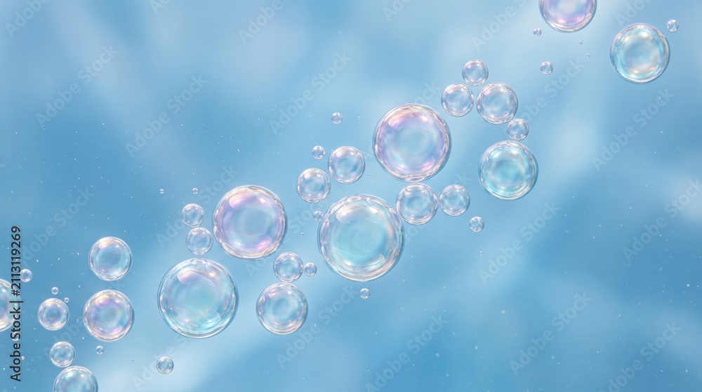 Obraz premium Abstract background with realistic iridescent soap bubbles floating in blue sky, symbolizing purity, freshness, and fragility for creative design and conceptual projects