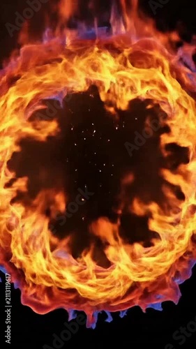 A fierce circular ring of bright orange fire burning intensely against a dark background