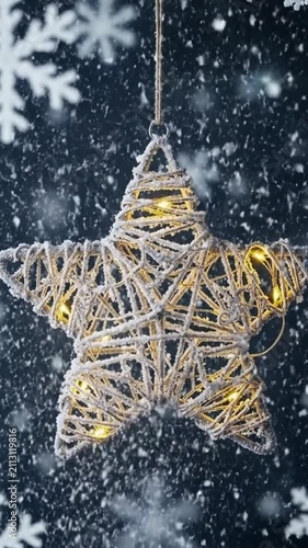 A glowing star ornament hangs amidst falling snow during winter