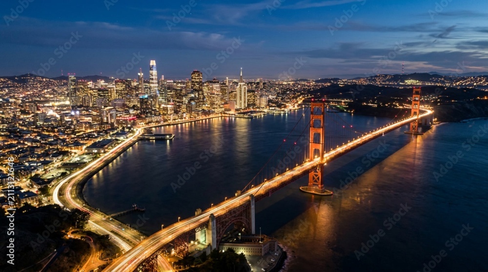 Obraz premium Stunning Aerial Night View of San Francisco Skyline and Golden Gate Bridge with Illuminated City Lights