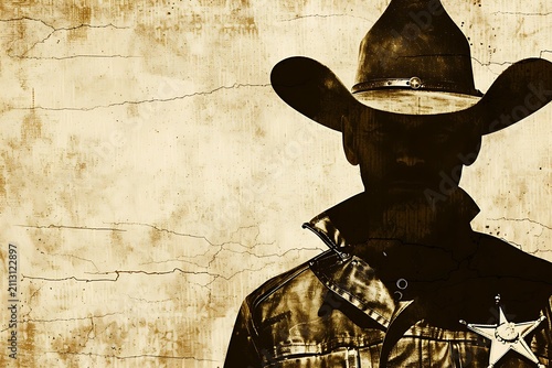 Wild West sheriff silhouette in cowboy hat on cracked vintage background