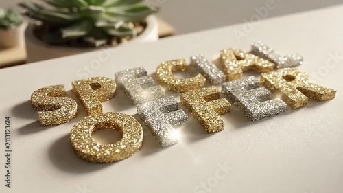 Sparkling gold and silver letters form a special offer message