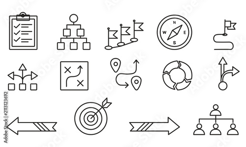 Business Strategy and Decision Making Minimal Outline Line Icons Set Roadmap, Workflow, Navigation, Planning, Organization Chart, Target, Compass, Direction Vector Collection