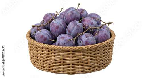 Fresh ripe plums with stems in a wicker basket isolated on transparent background